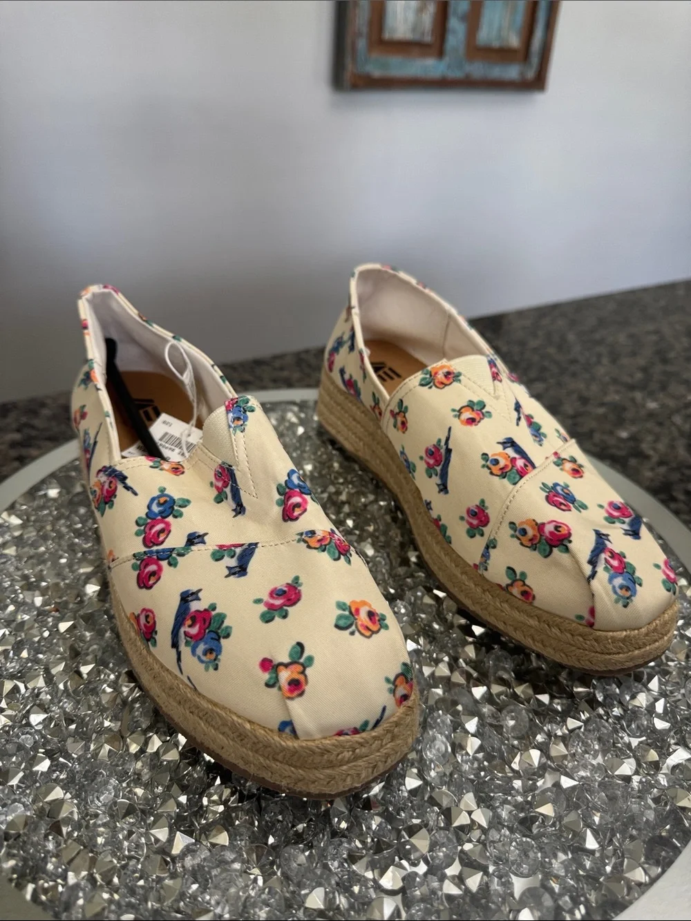 American Eagle Outfitters Cream Floral Espadrille Wedge Slip-On
